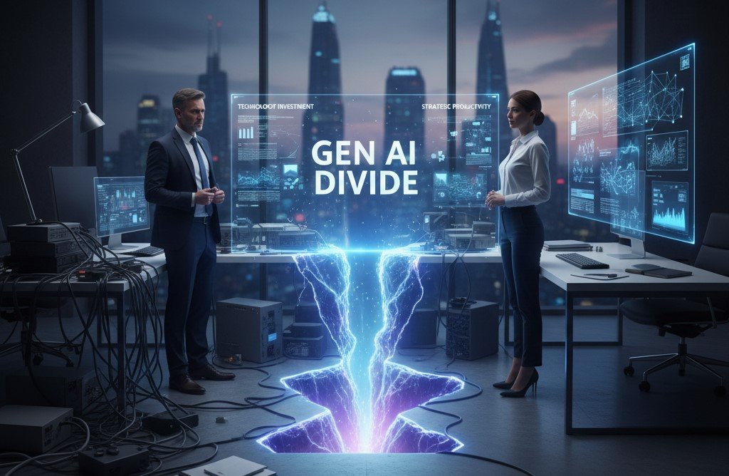 Two professionals standing on opposite sides of a glowing crack in the floor, labeled "GEN AI DIVIDE," with holographic data screens above them, optimized professional toolkit