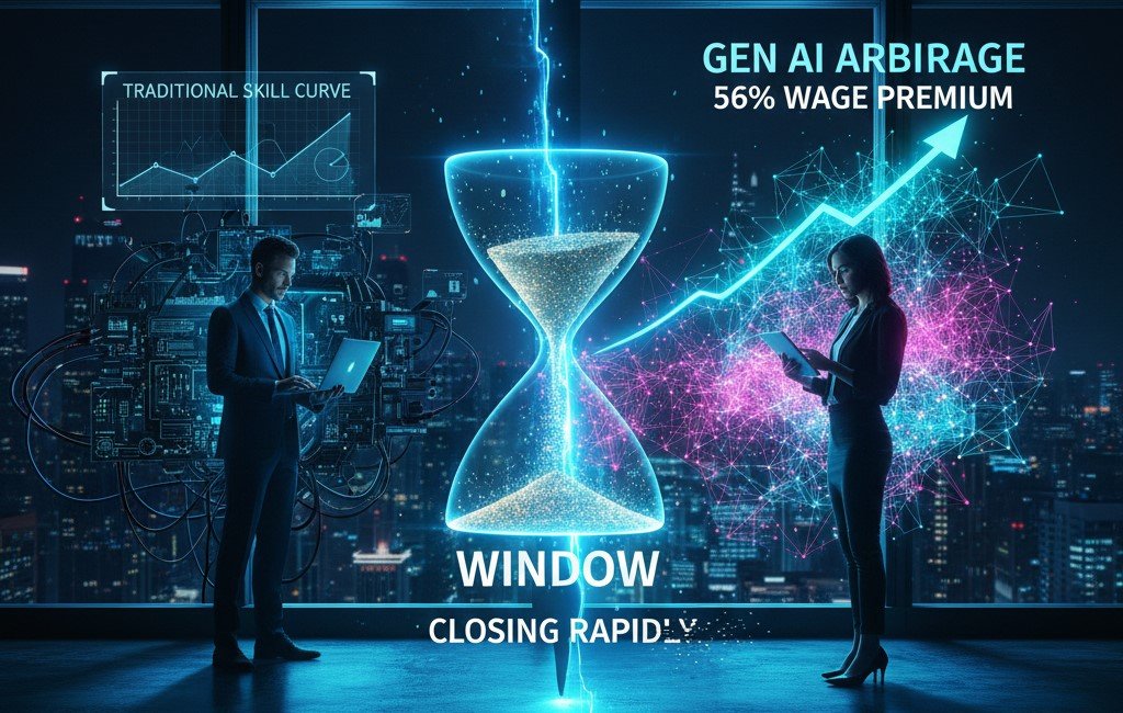 A man and a woman stand on either side of a glowing hourglass, symbolizing a rapidly closing "Gen AI Arbitrage Window," with data graphs in the background.