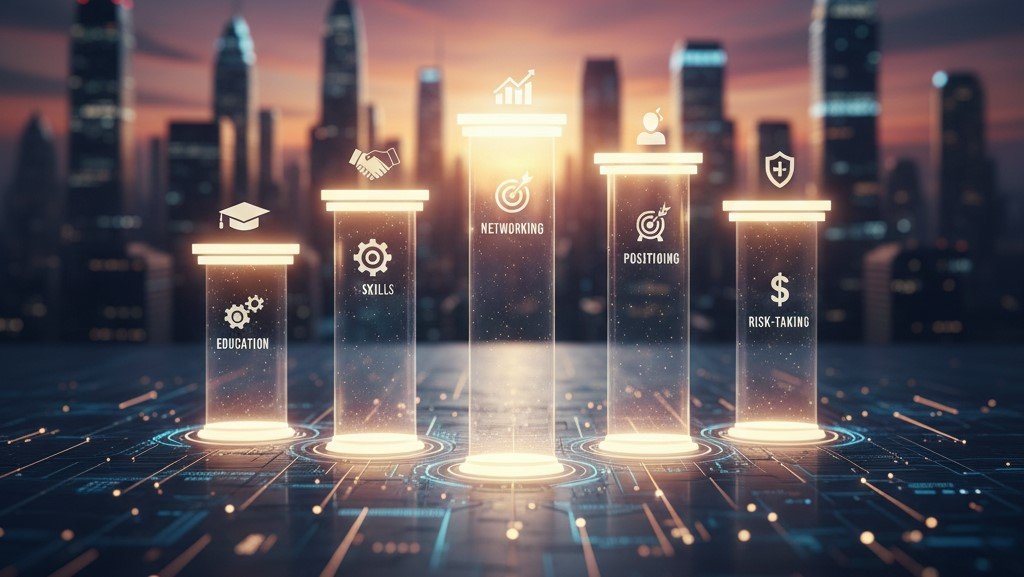 Pillars showing how to land high-paying jobs: education, skills, networking, positioning, and risk-taking