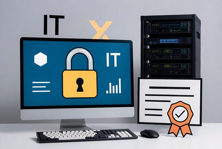 Illustration of desktop computer and IT certification alongside