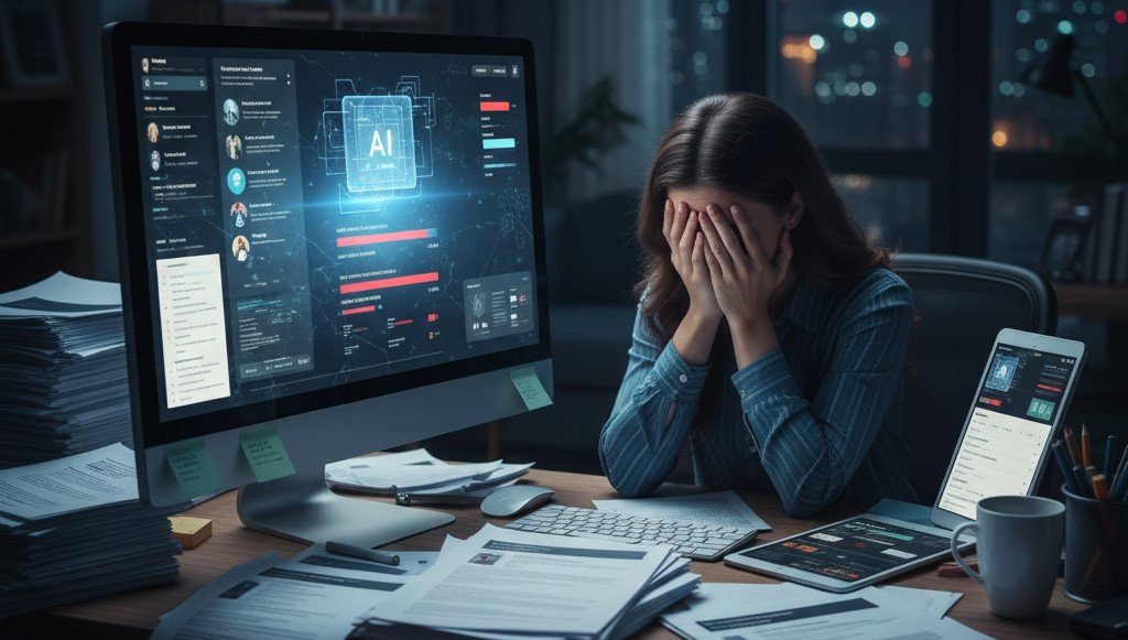 A stressed job seeker surrounded by resumes and digital hiring screens (symbolizing AI screening & complexity). Perhaps this is why it is so hard to find a job right now