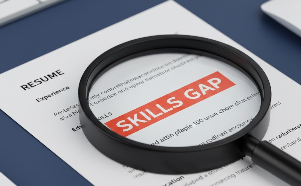 Magnifying glass over a resume with “skills gap” highlighted, career advisory, service request