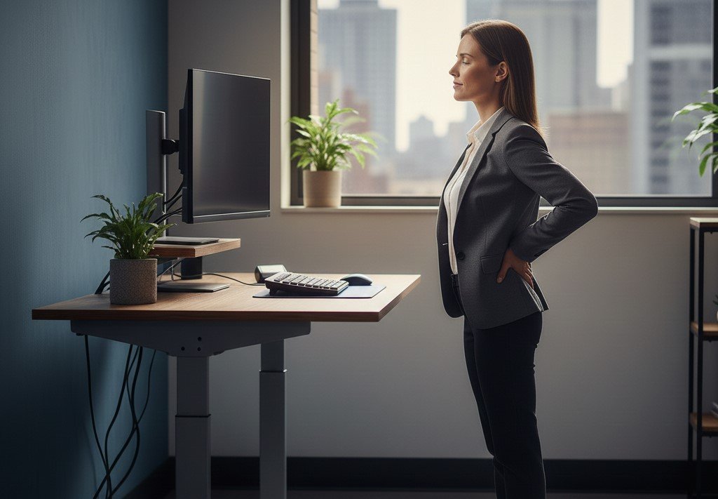 a person standing at a computer desk, how to reduce low back pain at work