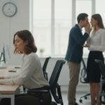 Two employees (male and female) gossiping while another smartly addressed professional working at her desk, toxic work environment, I love my job but I hate my co-workers