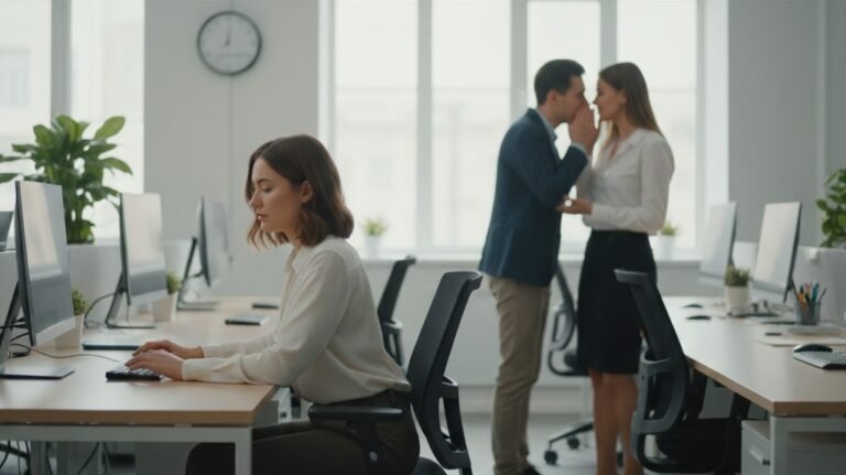 Two employees (male and female) gossiping while another smartly addressed professional working at her desk, toxic work environment, I love my job but I hate my co-workers