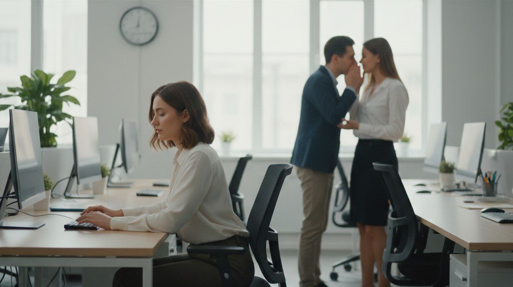 Two employees (male and female) gossiping while another smartly addressed professional working at her desk, toxic work environment, I love my job but I hate my co-workers
