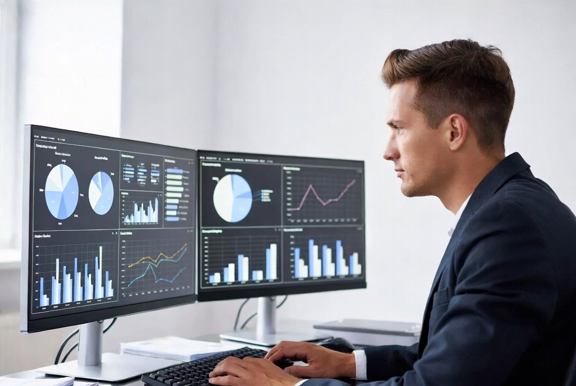 A professional in business attire reviewing multiple charts on dual monitors