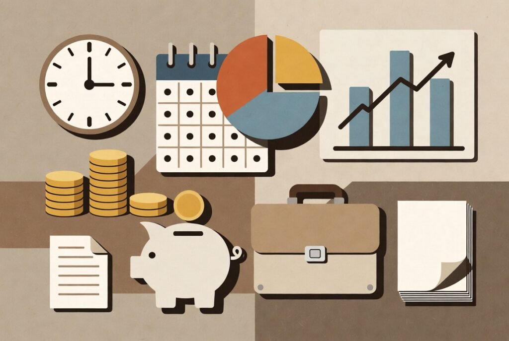 An abstract illustration showing icons representing productivity, savings, and risk (e.g., clock, piggy bank, shield) arranged in a neat 3D or flat lay design on a desk, job offer salary negotiation