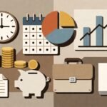 An abstract illustration showing icons representing productivity, savings, and risk (e.g., clock, piggy bank, shield) arranged in a neat 3D or flat lay design on a desk, job offer salary negotiation