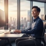 a happy employee at work, evidence-based professional wellbeing