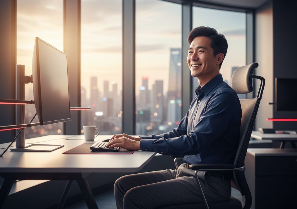 a happy employee at work, evidence-based professional wellbeing