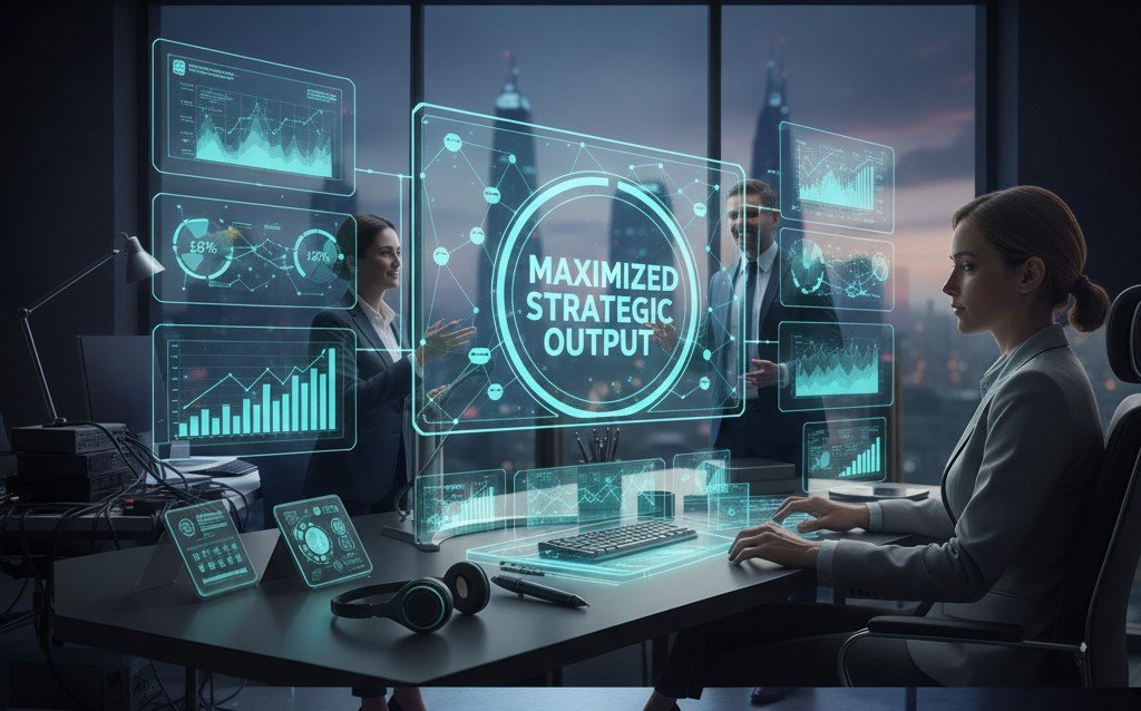 A professional woman working with holographic displays showing "MAXIMIZED STRATEGIC OUTPUT" while two colleagues engage in discussion, optimized professional toolkit