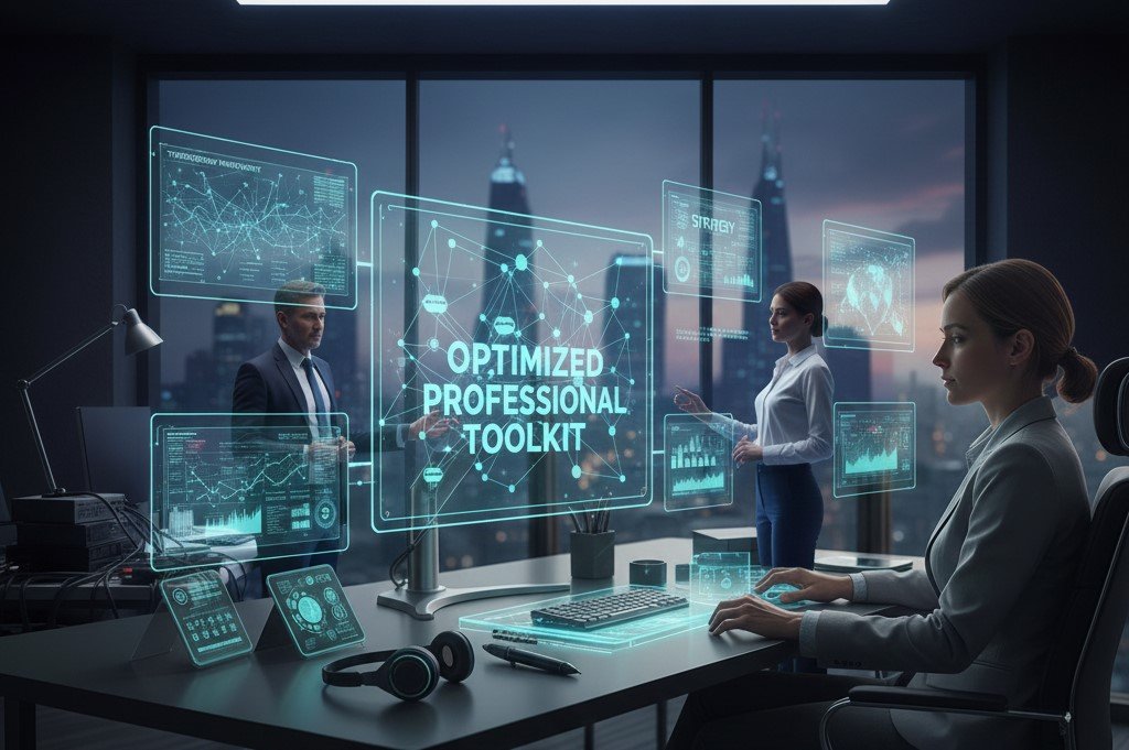 A professional woman at a desk with an "OPTIMIZED PROFESSIONAL TOOLKIT" holographic display, while two colleagues discuss in the background.
