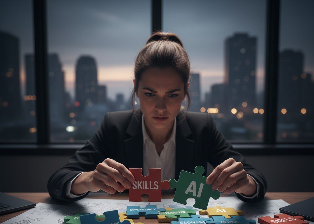 A person trying to fit puzzle pieces labeled “skills,” “experience,” “AI,” “economy.” It is so hard to find a job right now