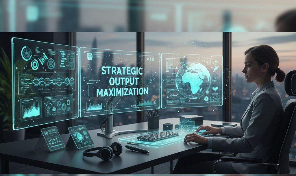 A professional woman working at a desk with holographic screens displaying data and the text "STRATEGIC OUTPUT MAXIMIZATION.