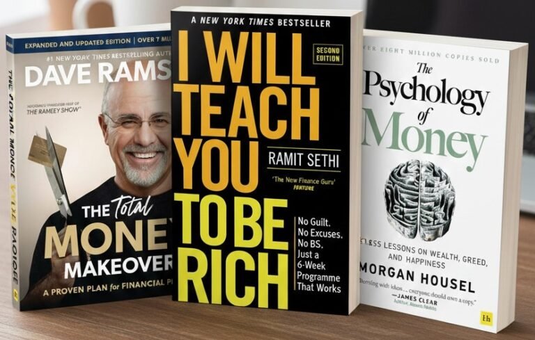 A collage of book covers: I will teach you to be rich, the psychology of money, and complete money makeover—top personal finance books