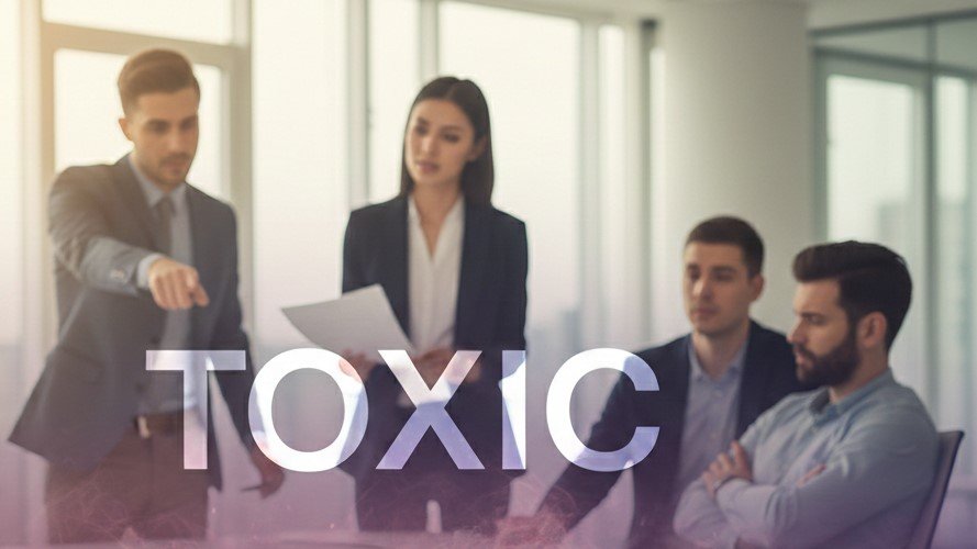Four smartly-dressed employees in an office, with an overlay text 'TOXIC"