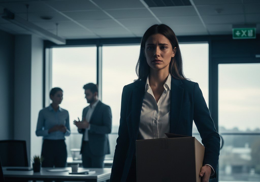 a smartly-dressed employee leaving office—sad—probably quitting her job