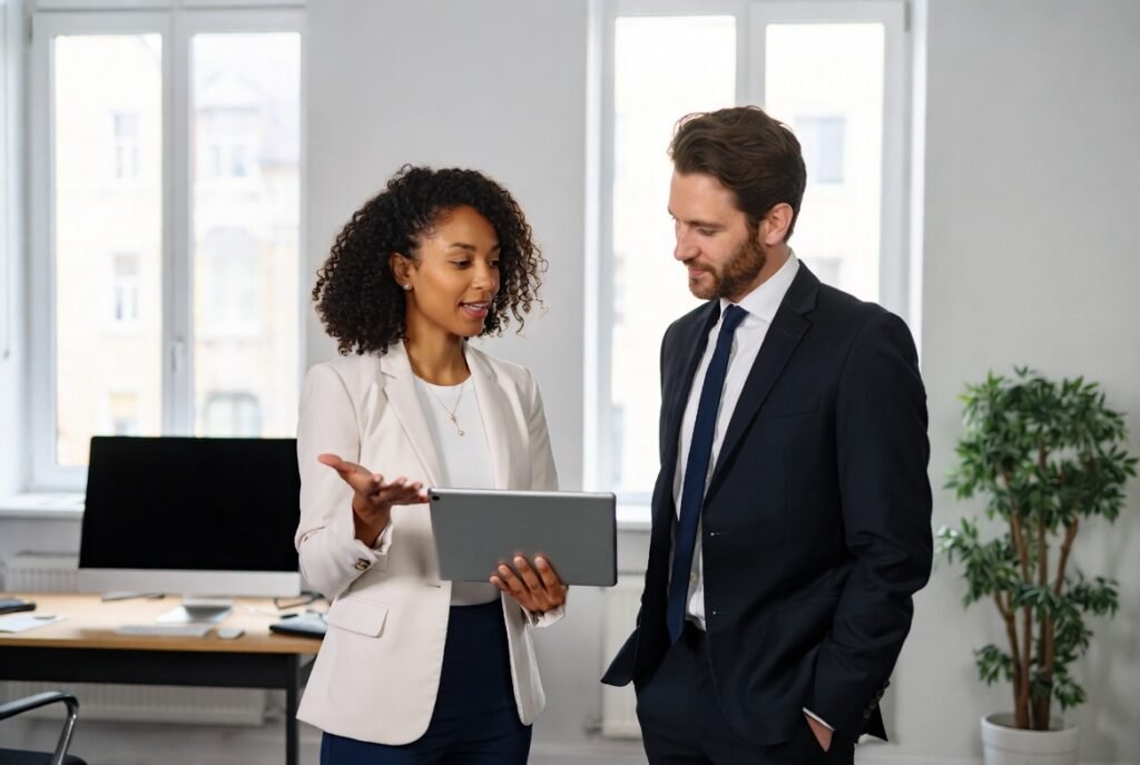 A modern office scene of professionals discussing, salary negotiation skills