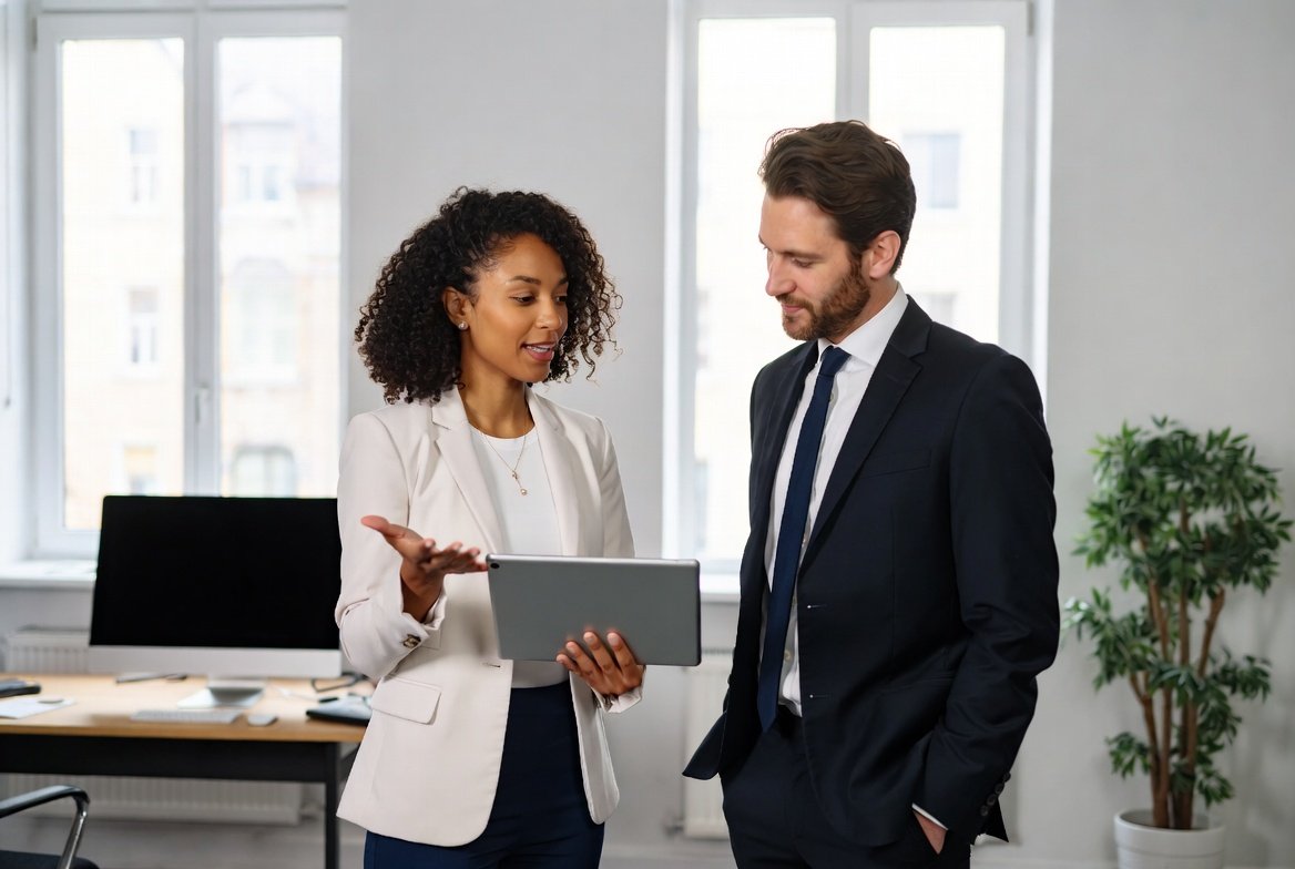 A modern office scene of professionals discussing, salary negotiation skills