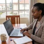 a young Kenyan professional sitting at a desk reviewing finances on a laptop, with a calm, focused expression. Career hub