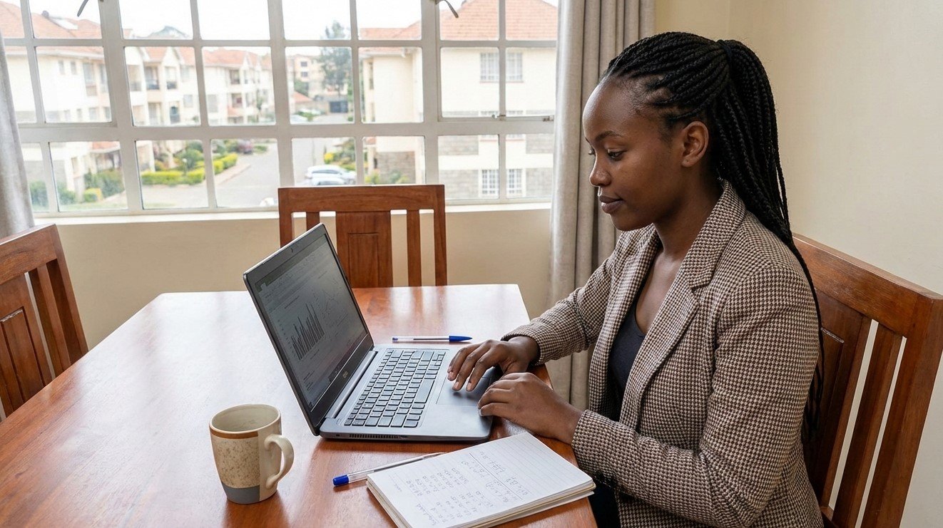 a young Kenyan professional sitting at a desk reviewing finances on a laptop, with a calm, focused expression. Career hub