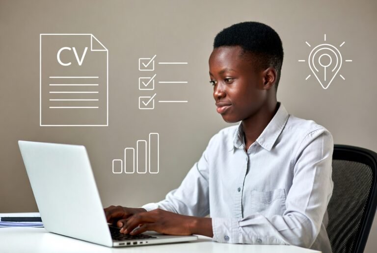 A confident young Kenyan professional working on a laptop at a clean desk, with subtle visual cues like a CV, checklist, or skills icons in the background.