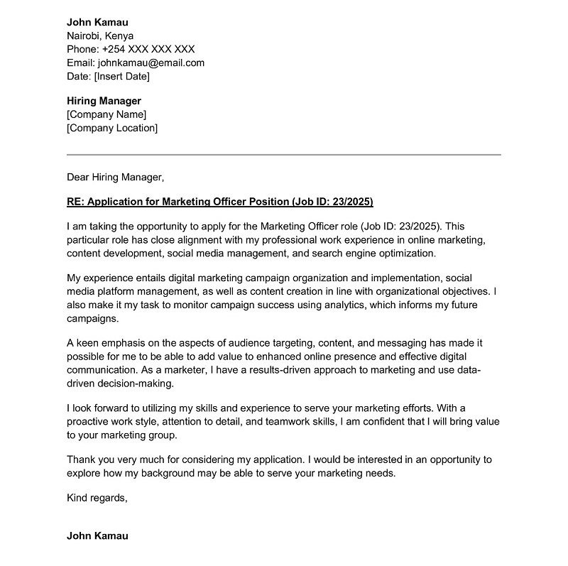 Sample ATS-friendly cover letter for the position of marketing officer