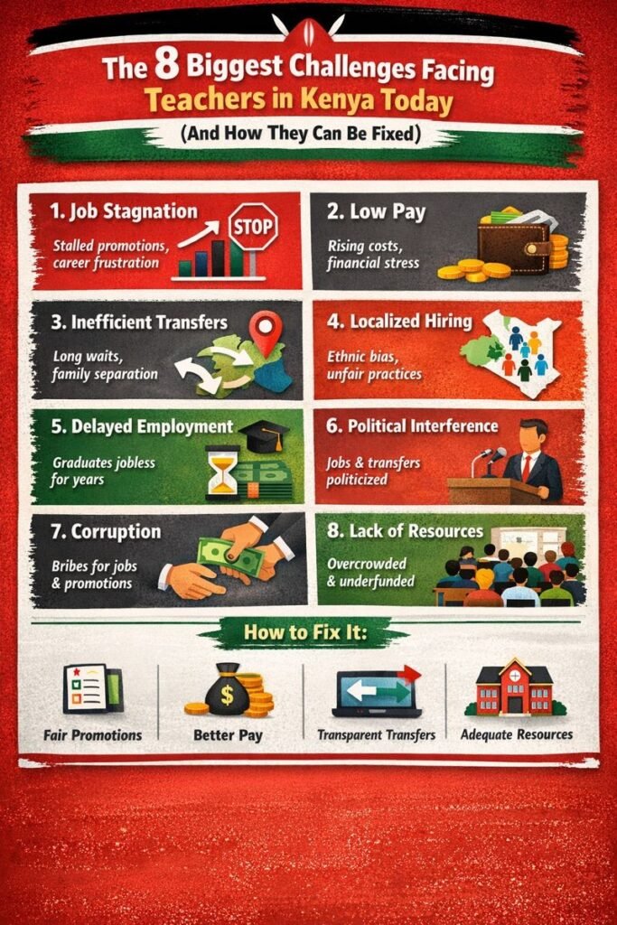 Infographic summarizing the 8 biggest challenges facing teachers in Kenya and their impact