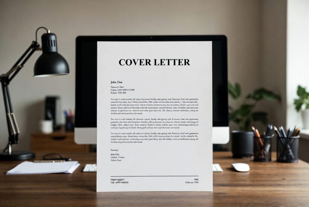 A professional photograph of a formal cover letter by John Doe on a desk in an office.