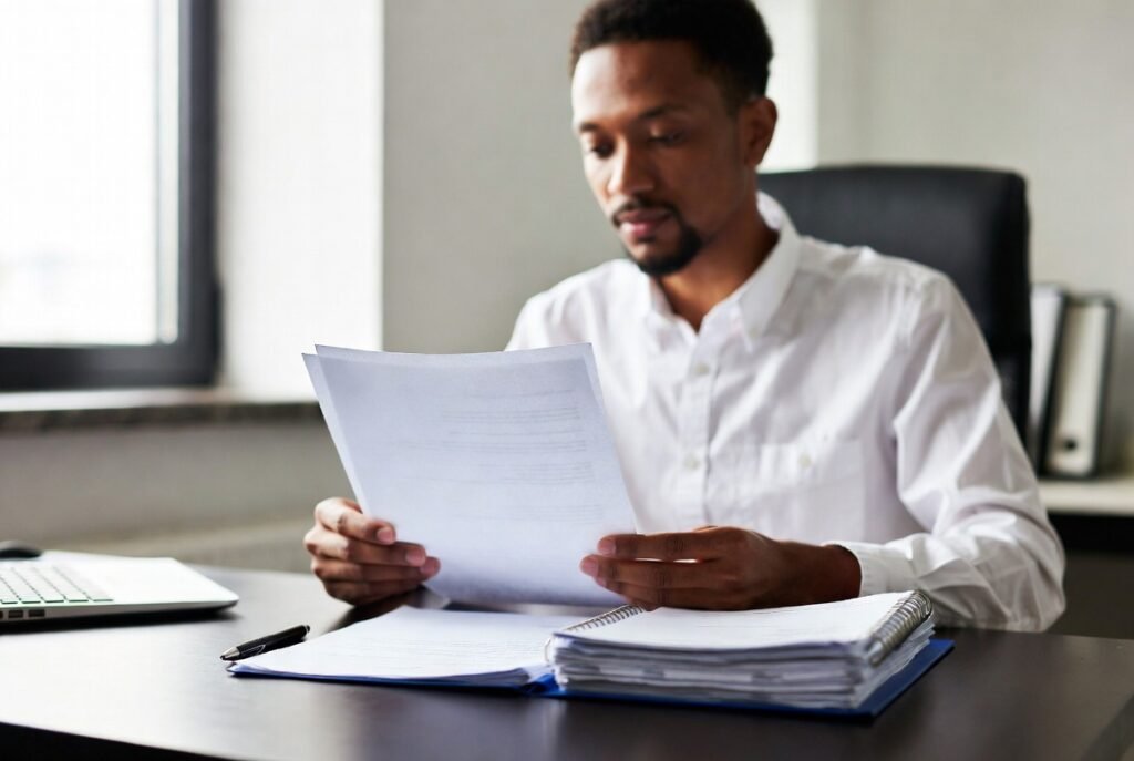 A professional reviewing a cover letter in an office, with natural light and blurred background. ATS-friendly cover letter