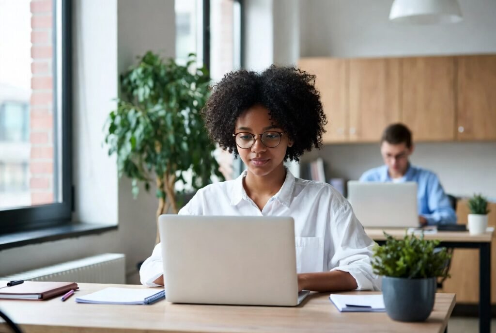 A young Kenyan professional works in a modern office with natural light and greenery.