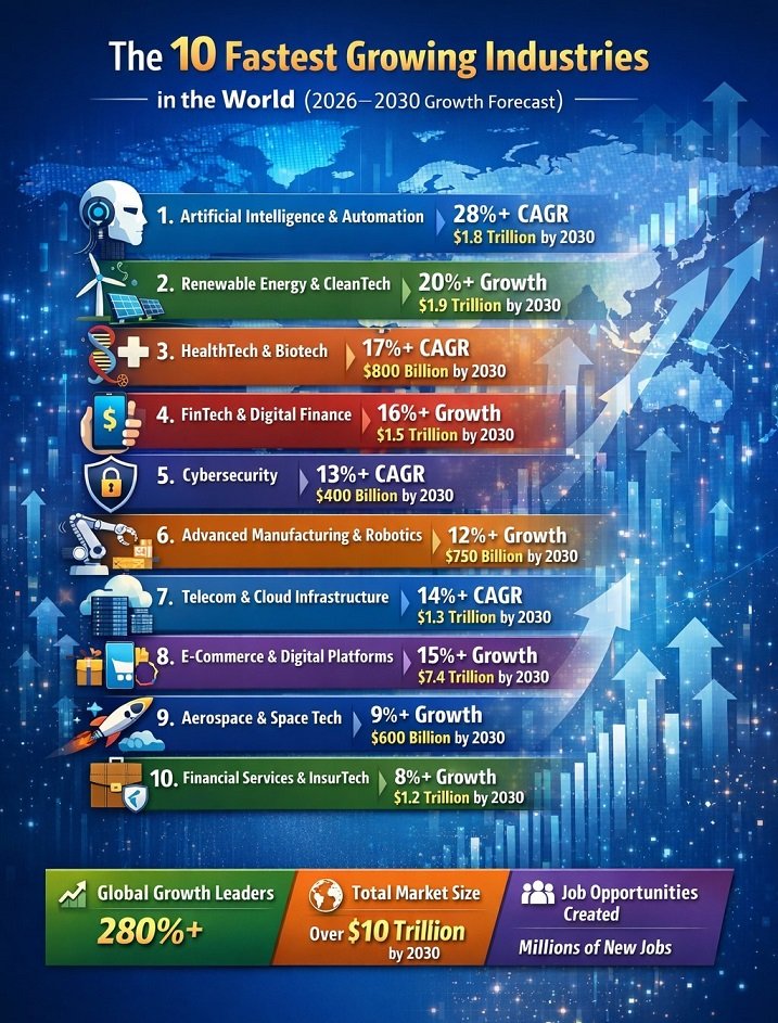 Infographic showing the fastest growing industries in the world ranked by growth rate and market expansion