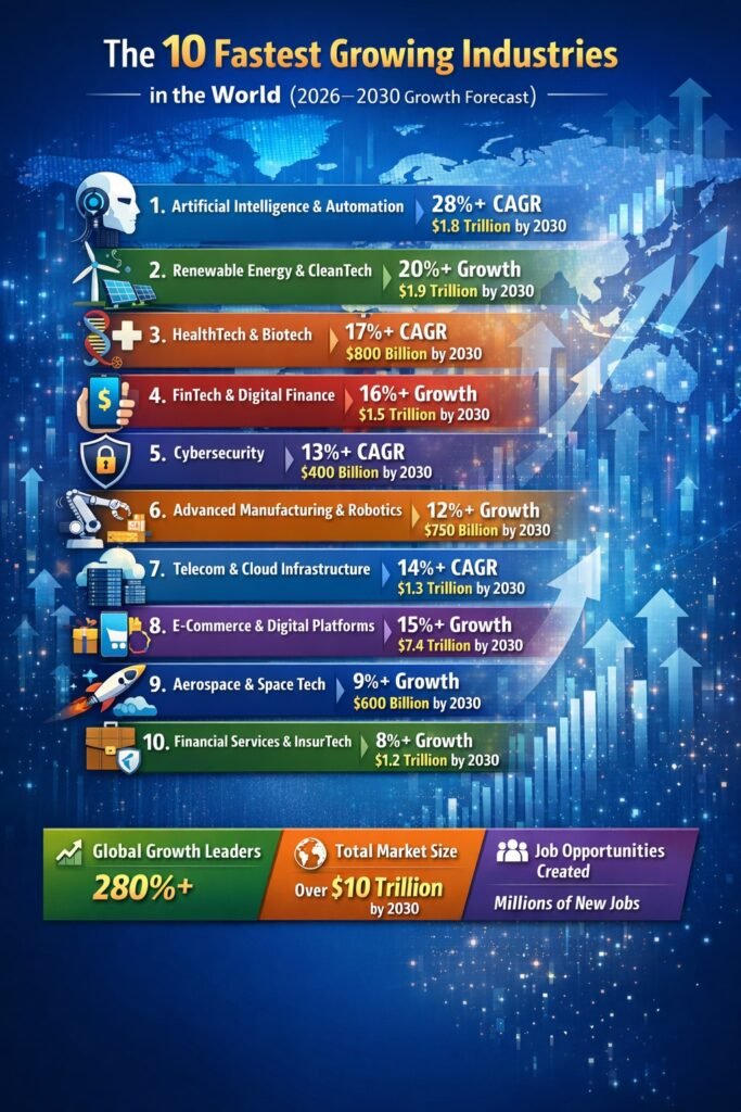 Infographic showing the fastest growing industries in the world ranked by growth rate and market expansion
