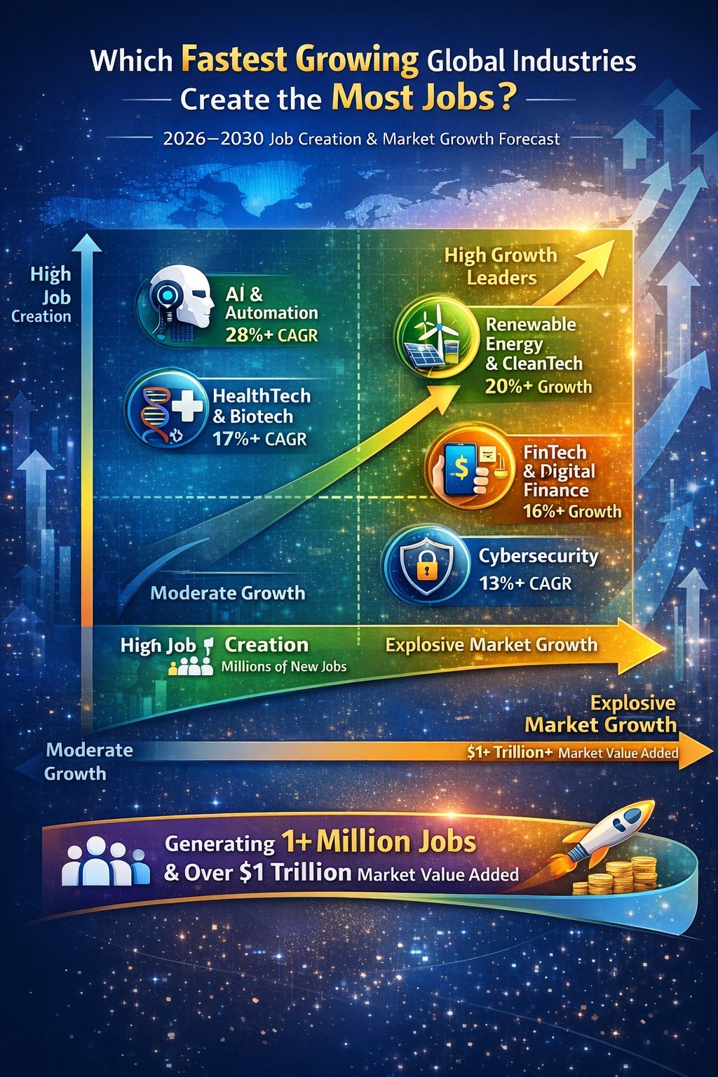 top-10-fastest-growing-industries-world-25226 Chart showing job creation versus market growth across the fastest growing industries in the world