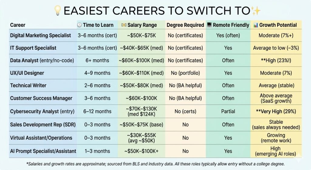 comparison table of the best 10 easiest careers to switch to