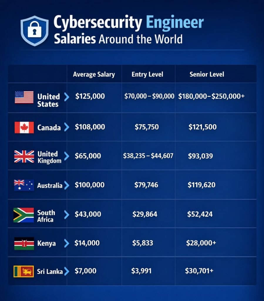 Cybersecurity Engineer Salaries (in USD) Around The World (The United States, Canada, United Kingdom, Australia, South Africa, Kenya & Sri Lanka