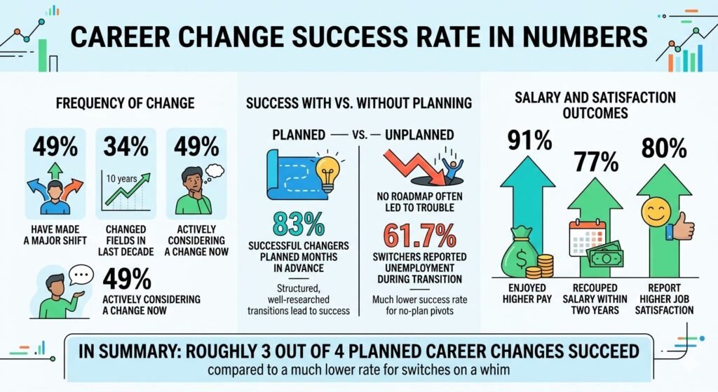 A colorful infographic illustrating the frequency of career changes (49% of workers report a major shift, 34% changed fields in the last decade, and 49% are considering a change) and the success rates of planned versus unplanned changes. The infographic highlights that 83% of successful changers planned, while 61.7% of switchers reported unemployment without a clear roadmap. The outcomes include 91% enjoying higher pay, 77% recouping their salary, and 80% reporting higher job satisfaction.