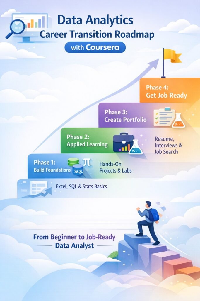 How you can use Coursera to transition into data analytics, data analytics career transition roadmap using Coursera
