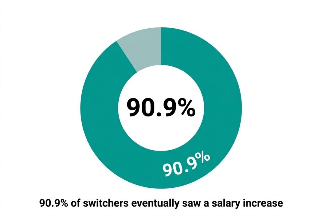 A clean, high-contrast donut chart on a white background with a 3:2 aspect ratio, illustrating a salary increase success rate. The chart is filled to 90.9% in teal, with the number '90.9%' prominently displayed in the center and on the rim. Below the chart, bold black text reads: '90.9% of switchers eventually saw a salary increase'