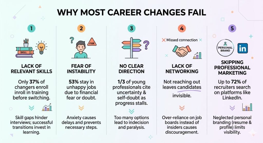 A clean infographic listing five common pitfalls of career transitions. These include a lack of relevant skills (only 37% of changers enrolled in training), fear of instability (53% of workers stayed in unhappy jobs due to financial fear or doubt), no clear direction or paralysis by analysis (1/3 of young professionals say self-doubt stalled progress), a lack of networking, and skipping professional marketing (72% of recruiters search on LinkedIn).