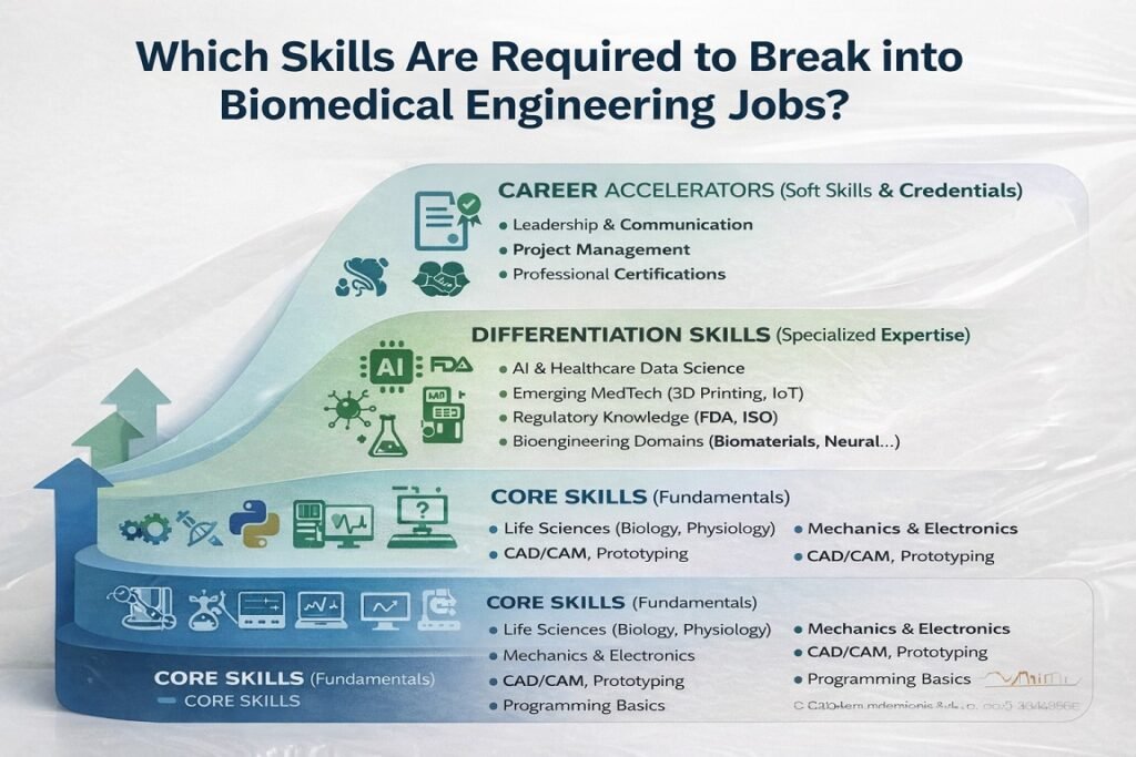 an infographic showing skills required to transition into biomedical engineering jobs