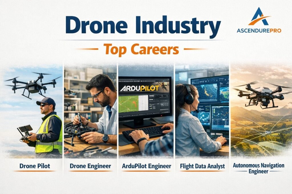 Top careers in drone industry including drone pilot, engineer, ArduPilot engineer, flight data analyst, and autonomous navigation engineer.