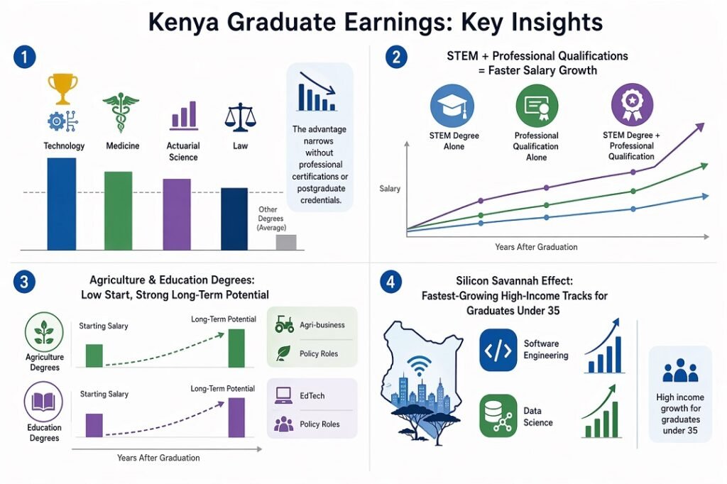 Clean infographic on near-white background summarizing Kenya graduate earnings trends, showing top-earning fields as technology, medicine, actuarial science, and law; STEM degrees plus certifications boosting salary growth; top degrees that lead to high-paying jobs in Kenya