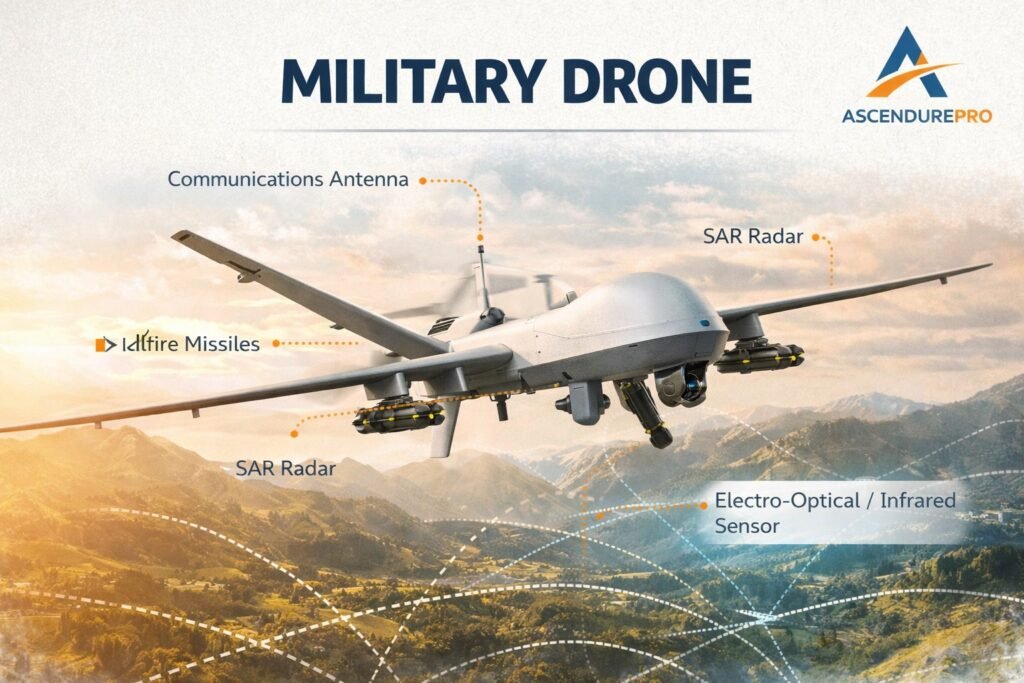 Military drone with labeled components including sensors, radar, communication antenna, and missile systems.