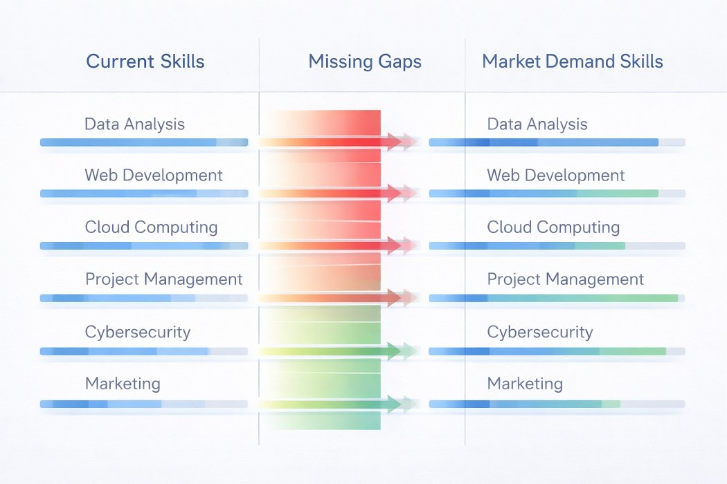Skill gap analyzer, Comparison dashboard showing “current vs required skills”.