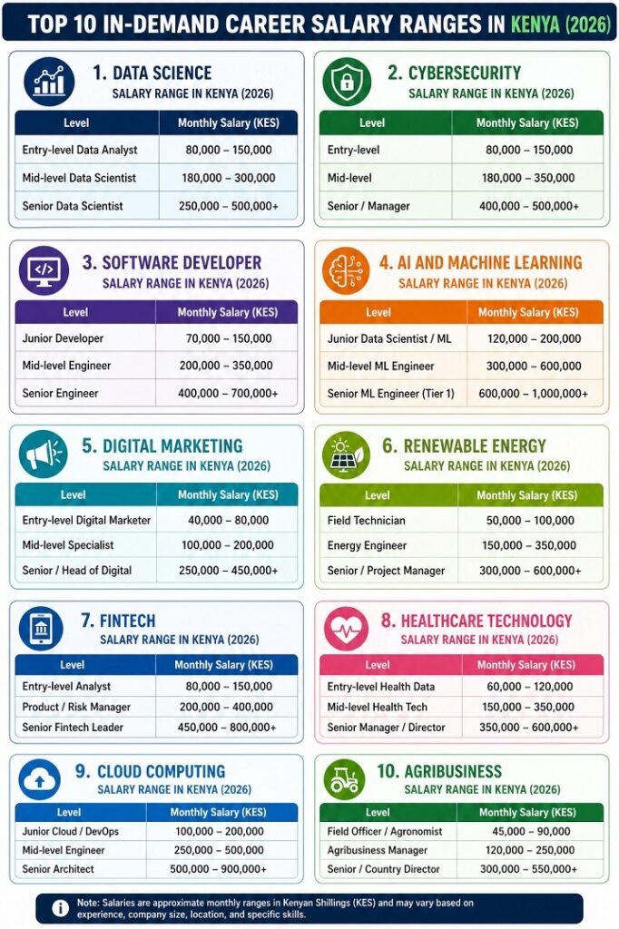 Infographic showing salary ranges for the fastest growing careers in Kenya: data science, cybersecurity, software development, AI, digital marketing, renewable energy, fintech, health tech, cloud computing, and agribusiness jobs.