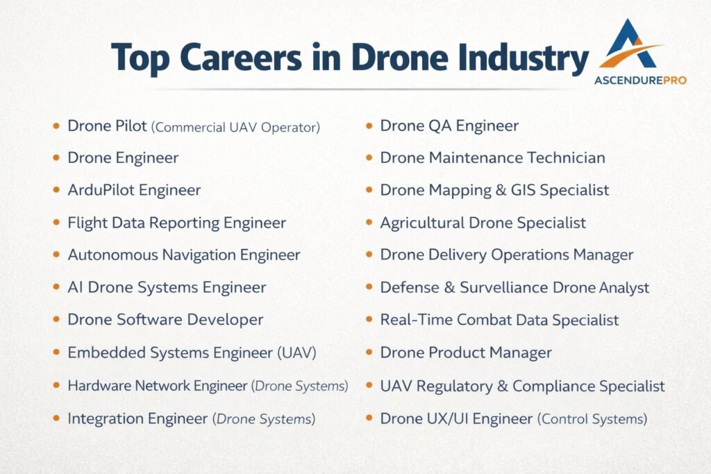 Infographic listing 20+ careers in drone industry including engineering, operations, AI, and regulatory roles.