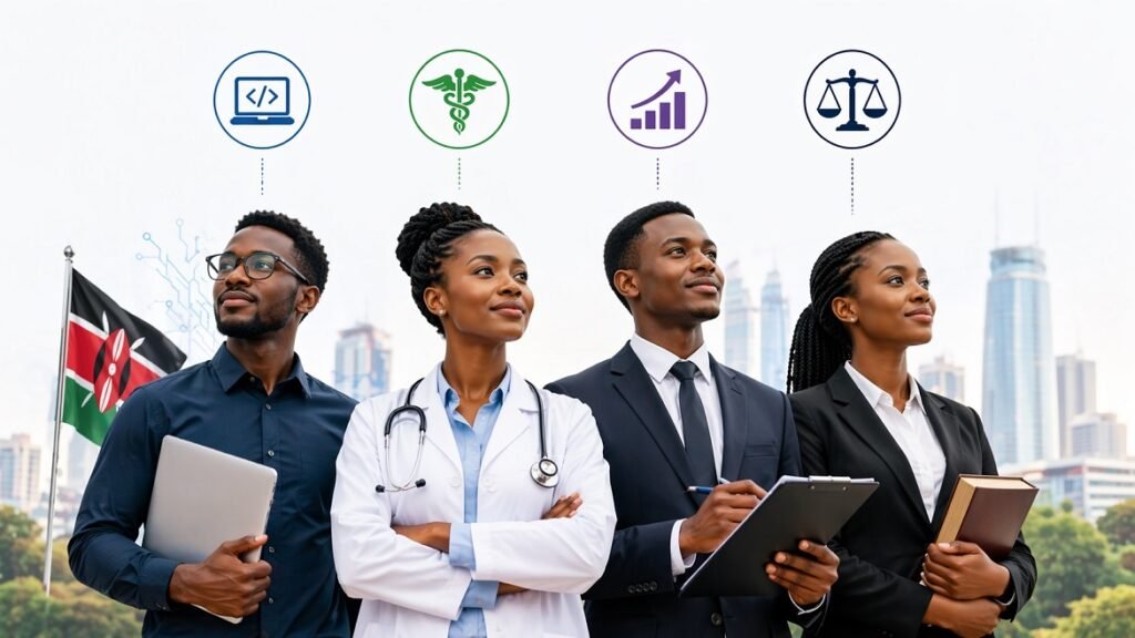 Featured image showing four ambitious young Kenyan professionals representing technology, medicine, finance, and law, standing confidently in front of a modern city skyline with career icons above them and a Kenyan flag in the background.