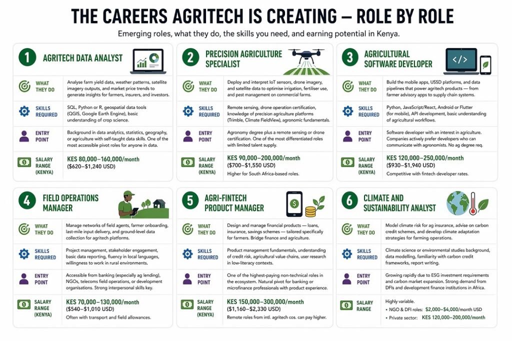 Infographic outlining key agritech careers, required skills, and salary ranges in Kenya